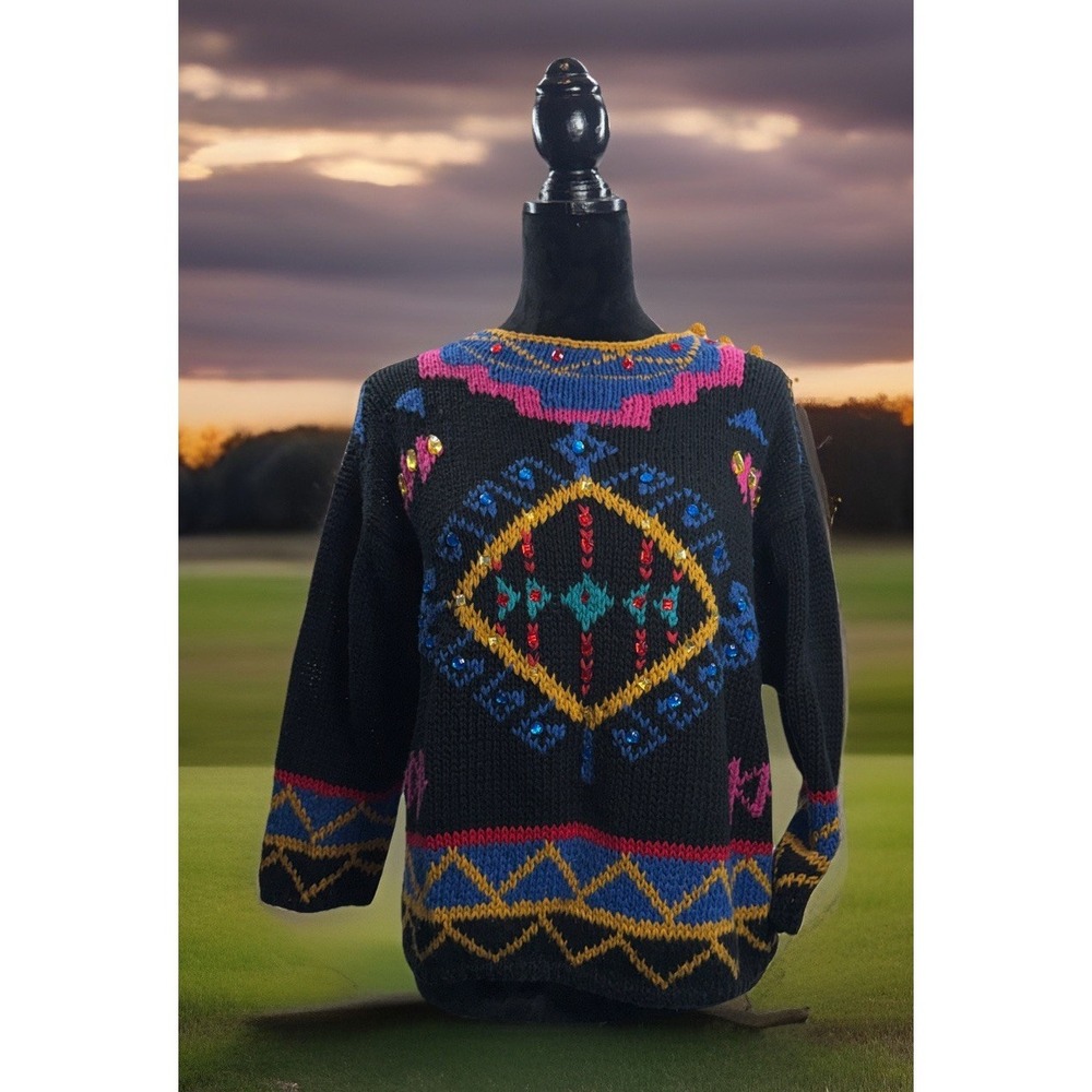 Vintage Hand Knit Women Sz L Sweater Whimsical Geometric